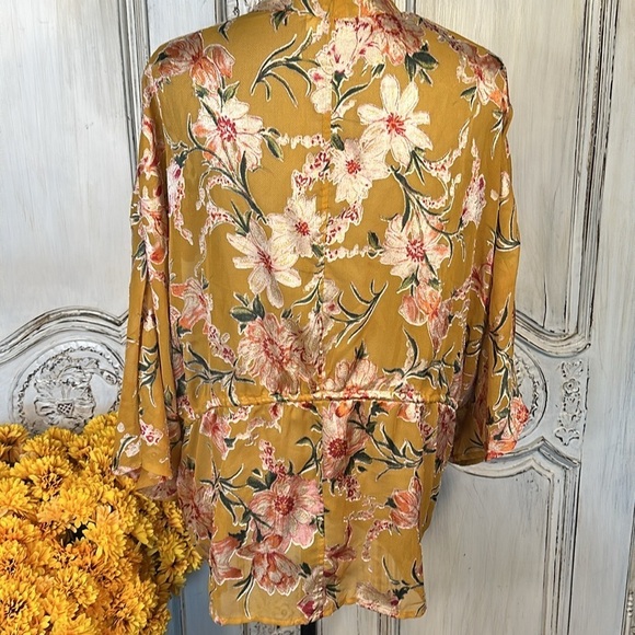 Free People X Gold Floral Sheer Kimono Drawstring Waist Top Romantic Victorian - Picture 7 of 8